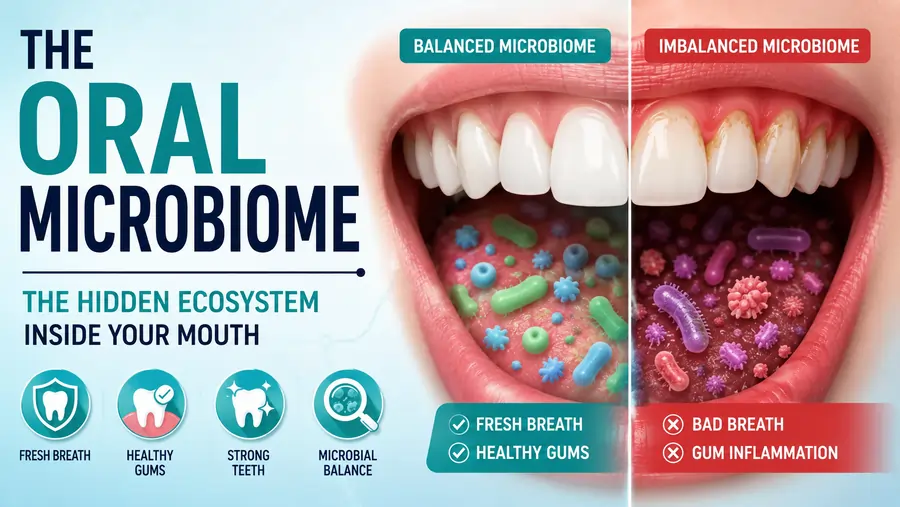 Oral microbiome comparison showing a balanced microbiome versus an imbalanced microbiome and their effects on breath freshness and gum health Oral microbiome comparison showing a balanced microbiome versus an imbalanced microbiome and their effects on breath freshness and gum health