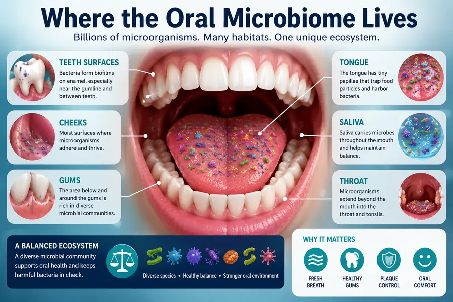 Diagram showing where the oral microbiome lives including the tongue, gums, teeth, saliva, cheeks, and throat Diagram showing where the oral microbiome lives including the tongue, gums, teeth, saliva, cheeks, and throat