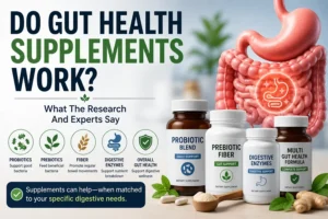 Gut health supplements including probiotics prebiotics fibre and digestive enzymes for digestive support