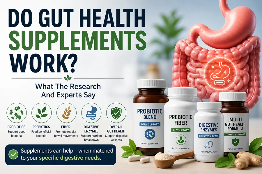 Gut health supplements including probiotics prebiotics fibre and digestive enzymes for digestive support