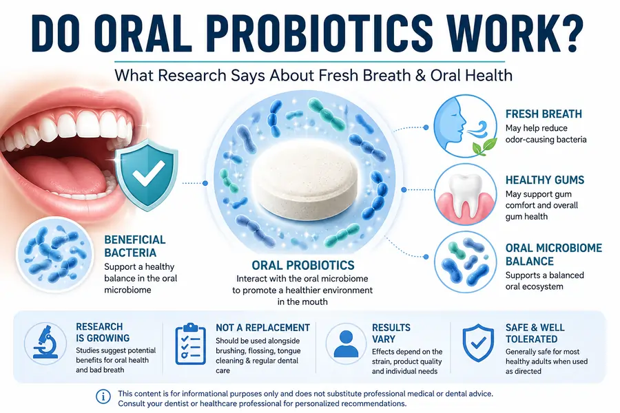 Diagram showing oral probiotics interacting with bacteria in the oral microbiome