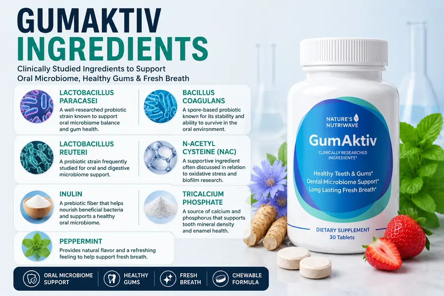 GumAktiv Ingredients Explained: Probiotics, Prebiotics and Oral Health Support GumAktiv ingredients infographic showing Lactobacillus paracasei, Bacillus coagulans, Lactobacillus reuteri, NAC, inulin, tricalcium phosphate, and peppermint