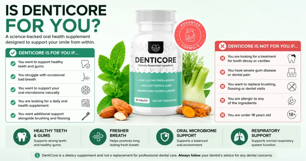 Is DentiCore for you infographic showing who may and may not be suited to the oral health supplement
