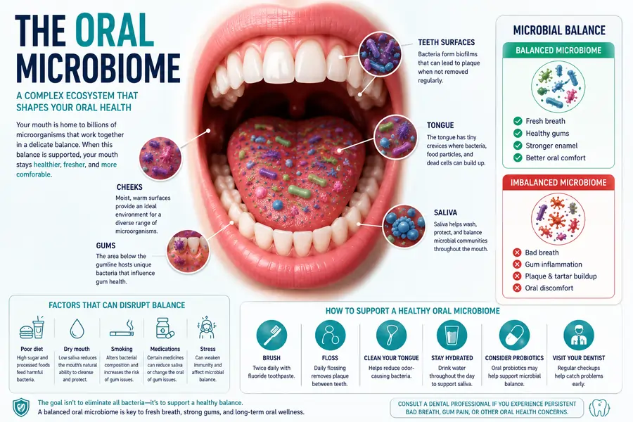 The Oral Microbiome: A Complex Ecosystem Inside Your Mouth Oral microbiome infographic showing bacteria living on the tongue, gums, teeth, cheeks, and saliva, along with factors that influence microbial balance