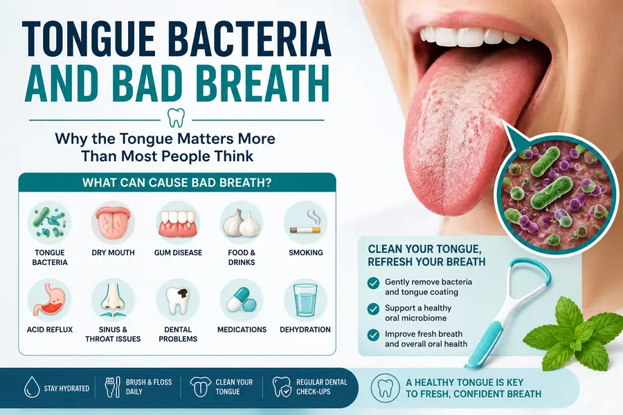 Tongue Bacteria and Bad Breath: Causes, Signs and What Helps Tongue bacteria and bad breath guide showing tongue coating oral bacteria dry mouth gum disease food smoking reflux medications and hydration factors