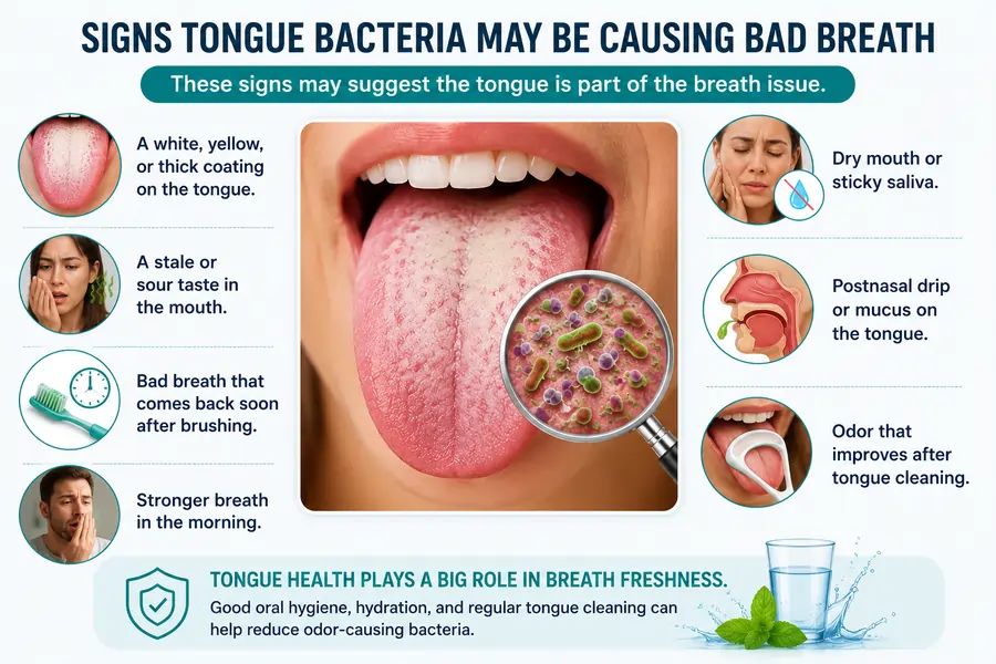 Signs Tongue Bacteria May Be Causing Bad Breath Signs tongue bacteria may be causing bad breath including tongue coating dry mouth morning breath postnasal drip and odor after brushing