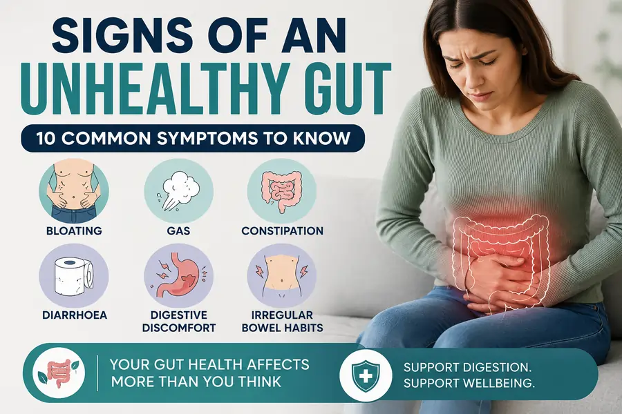 Common signs of an unhealthy gut including bloating gas constipation and digestive discomfort