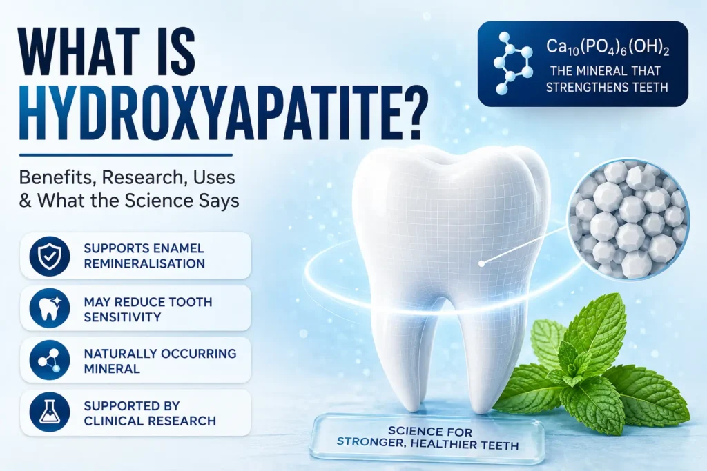 What is hydroxyapatite infographic explaining enamel remineralisation, tooth sensitivity support and oral health research