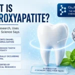 What is hydroxyapatite infographic explaining enamel remineralisation, tooth sensitivity support and oral health research