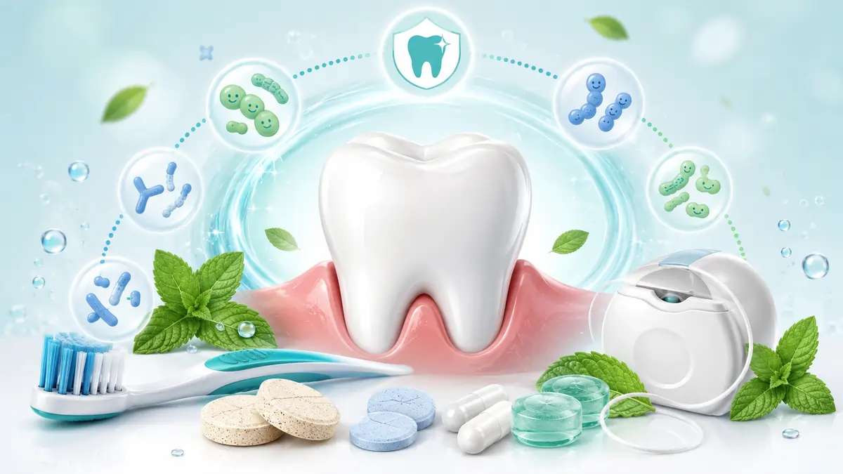 Illustration of healthy gums, teeth, probiotic bacteria, brushing, flossing and oral care tools for gum health support.