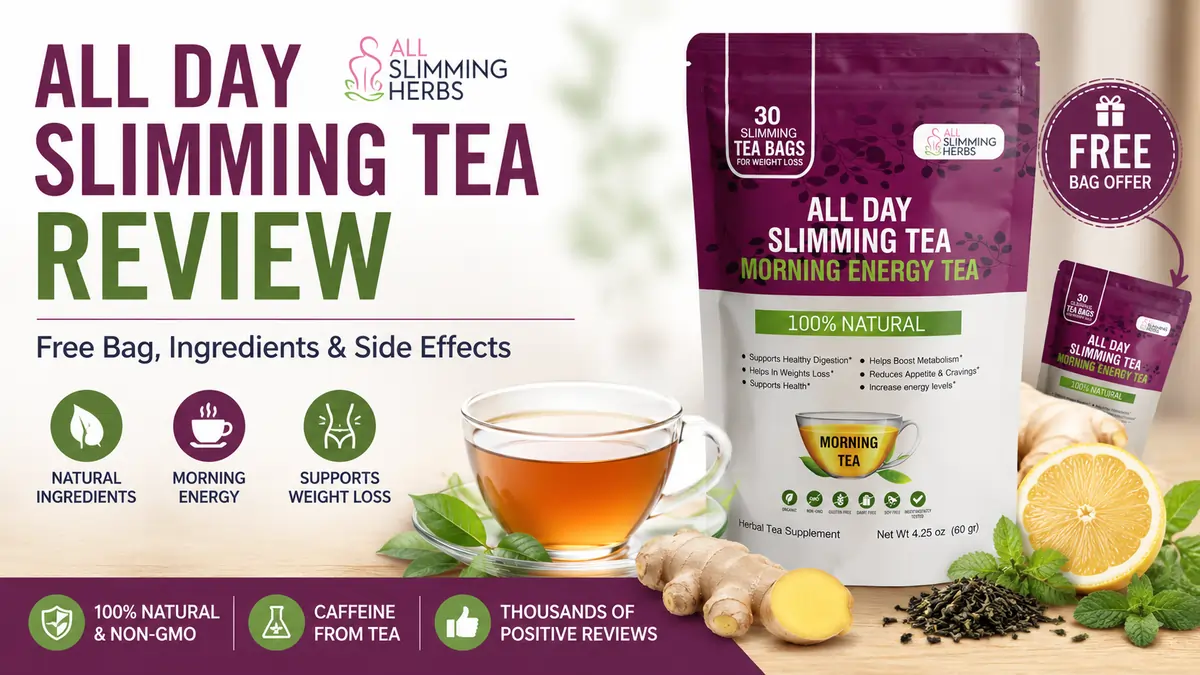 All Day Slimming Tea Review All Day Slimming Tea review showing the tea bag, free package option, ingredients, side effects and weight-management support