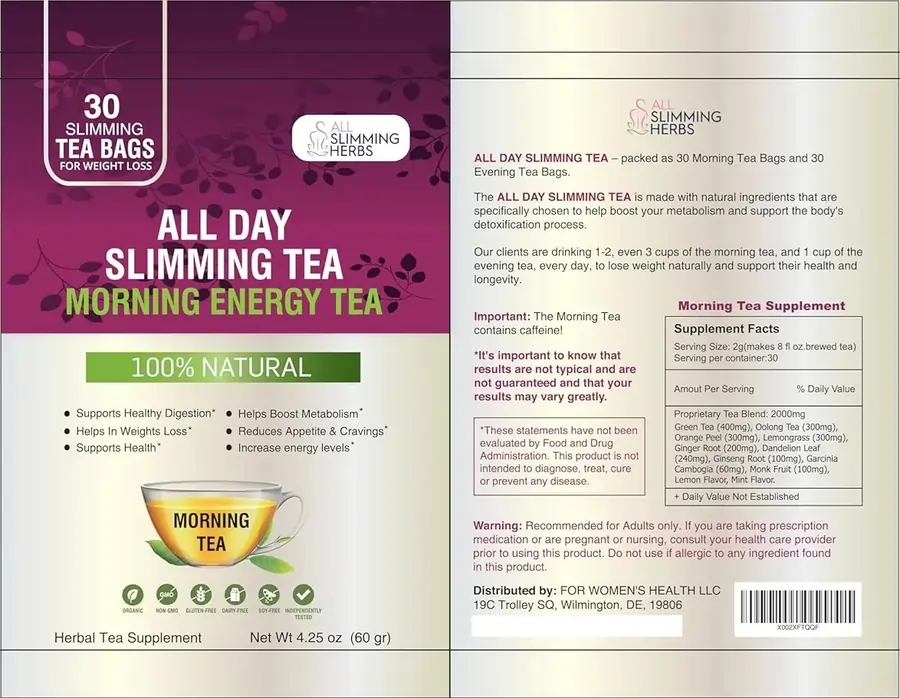 All Day Slimming Tea Supplement Facts All Day Slimming Tea supplement facts label showing green tea, oolong tea, ginger, dandelion, ginseng and garcinia cambogia