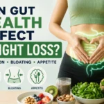 Woman holding her stomach with gut health illustration, healthy foods, and text about digestion, bloating, appetite and weight loss.