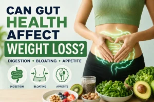 Woman holding her stomach with gut health illustration, healthy foods, and text about digestion, bloating, appetite and weight loss.