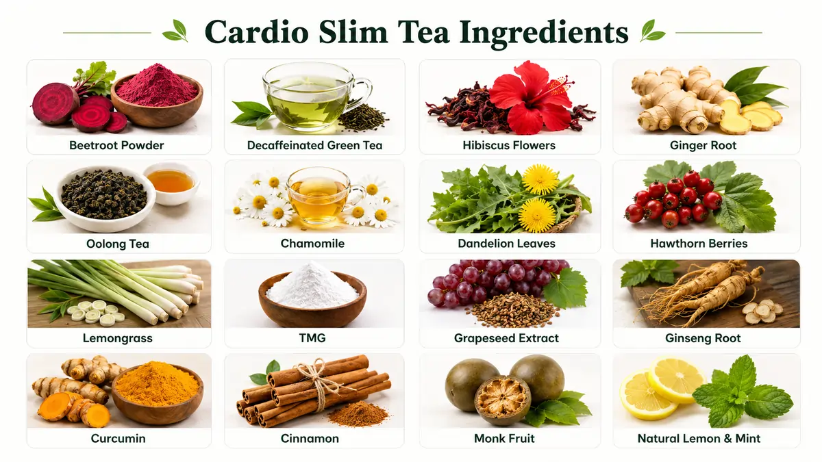 Cardio Slim Tea ingredients including beetroot, hibiscus, green tea, ginger, oolong tea, hawthorn, dandelion, grapeseed, chamomile and lemongrass