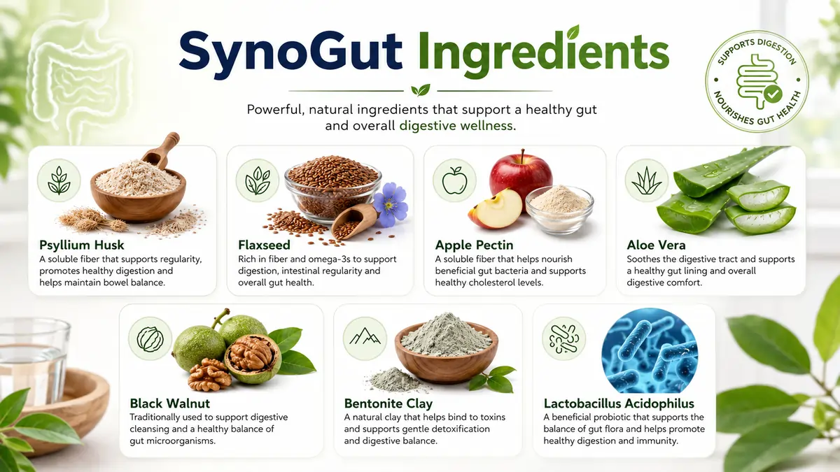 SynoGut ingredients including psyllium husk, flaxseed, apple pectin, aloe vera, black walnut, bentonite clay and Lactobacillus acidophilus