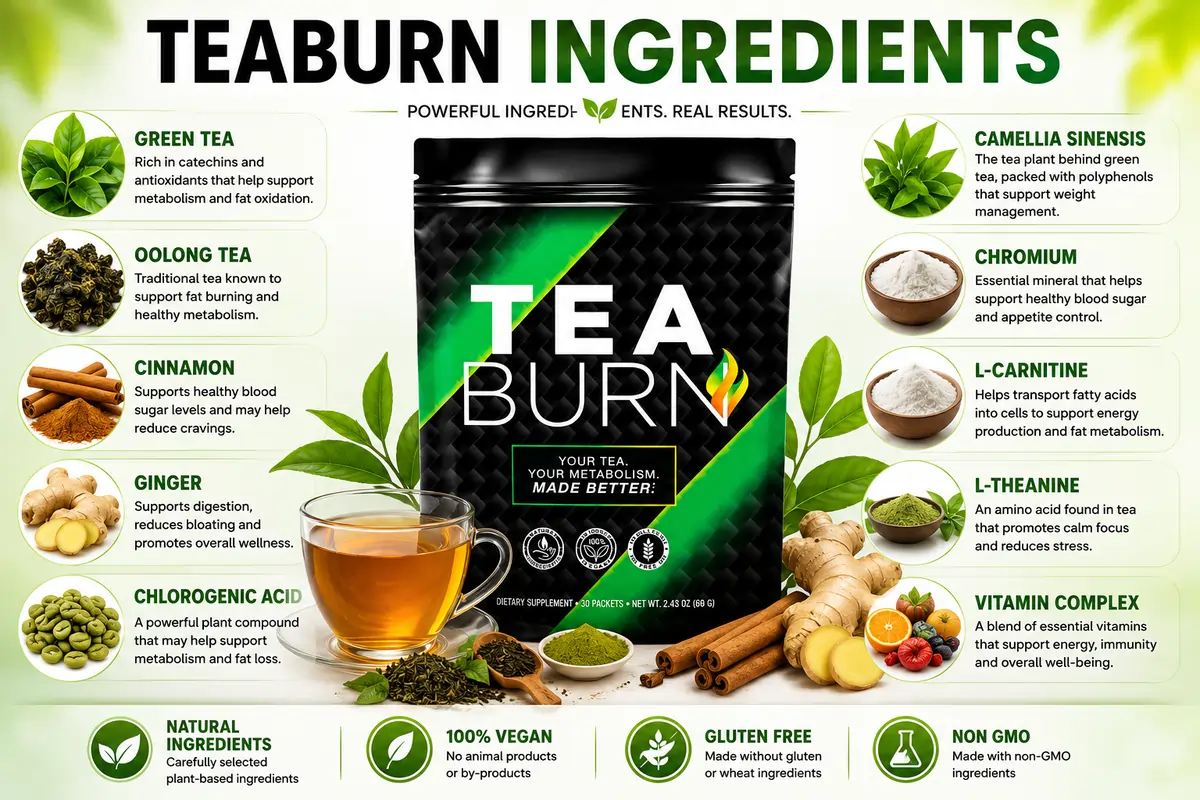 TeaBurn ingredients including green tea, oolong tea, cinnamon, ginger, herbs and plant-based weight-management support ingredients