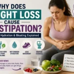Woman holding her stomach with icons showing slower bowel movements, low fibre, dehydration, less movement and routine changes during weight loss.