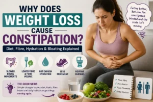 Woman holding her stomach with icons showing slower bowel movements, low fibre, dehydration, less movement and routine changes during weight loss.