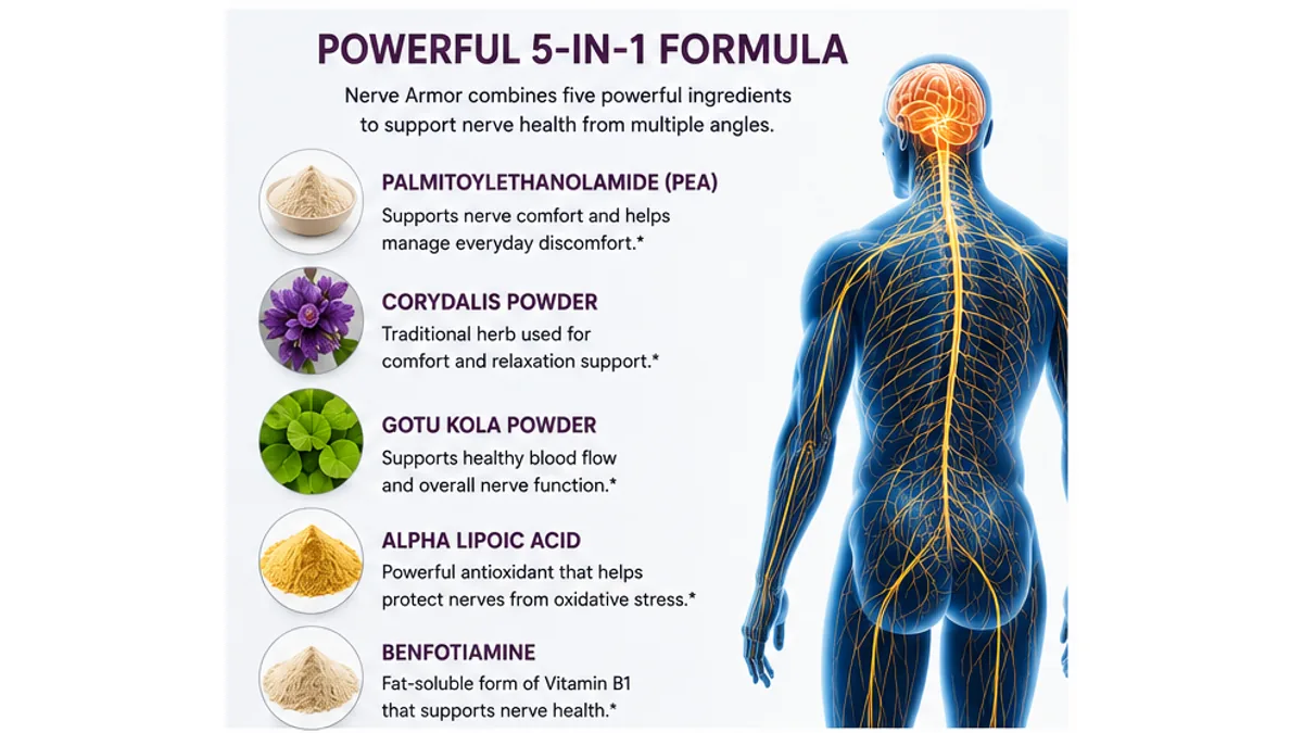 Nerve Armor Ingredients Nerve Armor ingredients including PEA, Corydalis, Gotu Kola, Alpha Lipoic Acid and Benfotiamine
